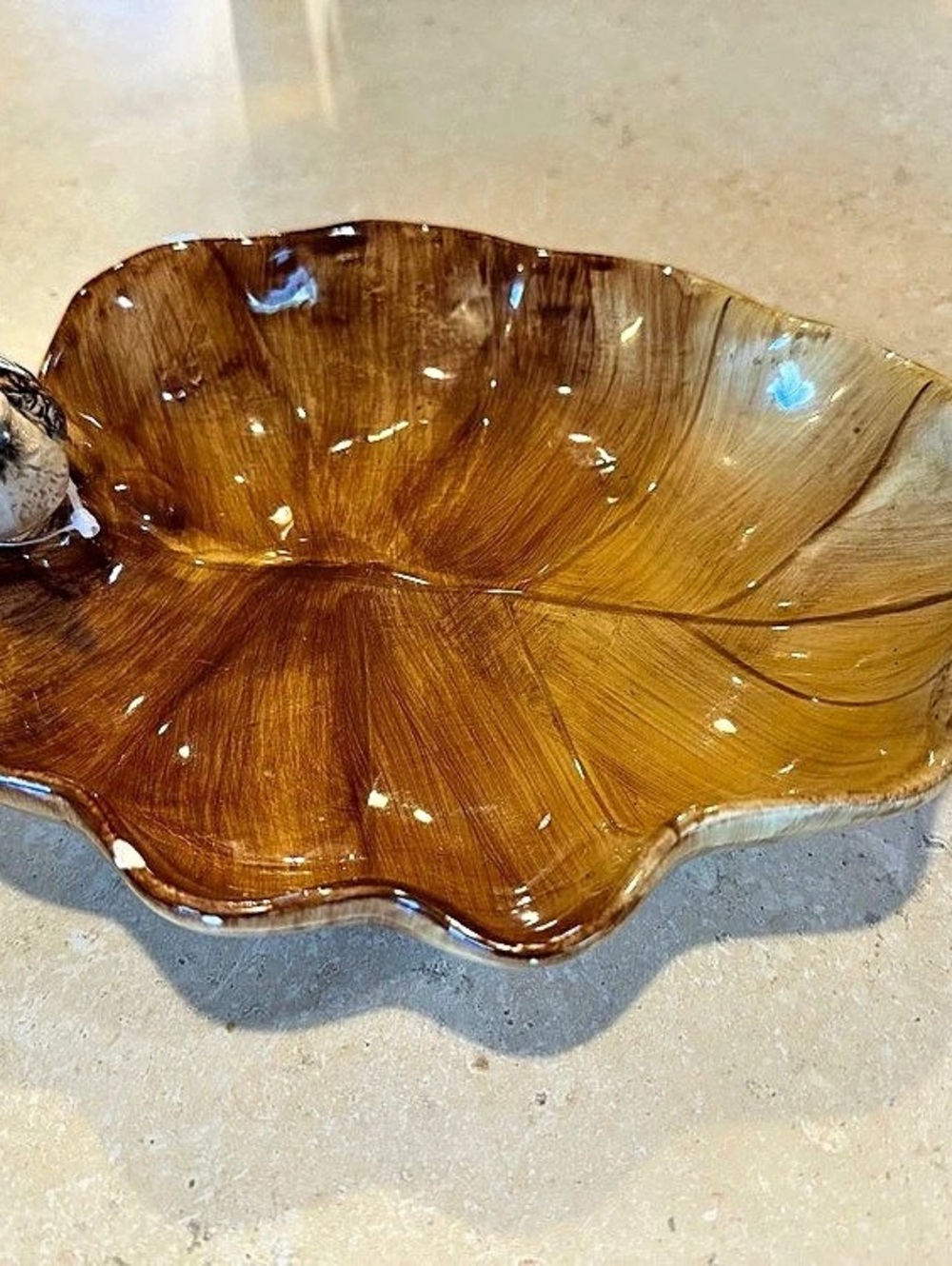 Brown Leaf Serving Dish with Bird